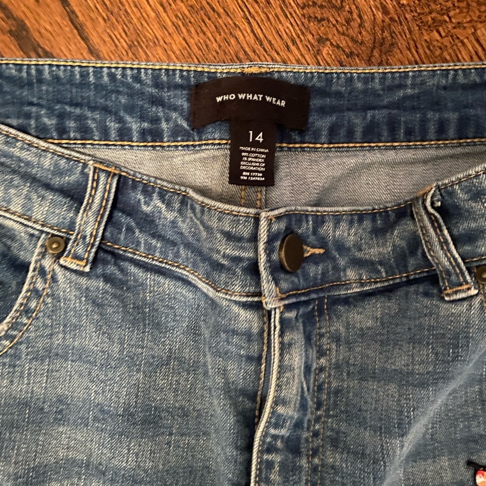 Who What Wear Blue Jeans with Red Floral Embroidery - Picture 3 of 4